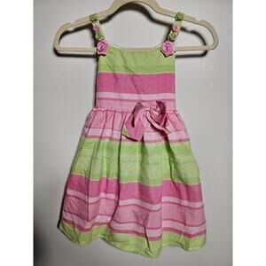 RARE EDITIONS pink Green Striped Linen Florette Bow Sun Dress Girls Size 6 NWT